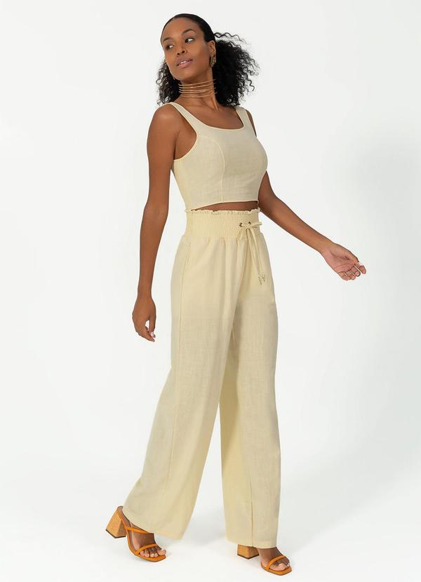 Gris - Conjunto Cropped e Calça em Tecido Bege