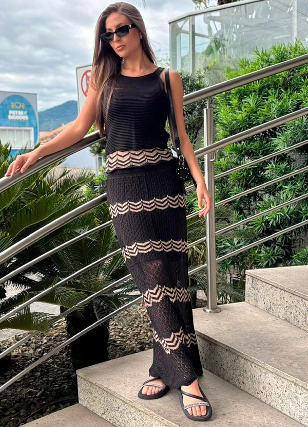 Doce Tom - Conjunto em Tricot Longo EstampadoPreto