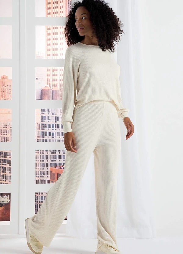 Marialícia - Conjunto Feminino Comfy Canelado Linho Bege