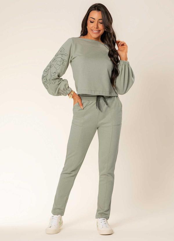 Cativa - Conjunto Feminino Moletom e Linho Bordado Verde