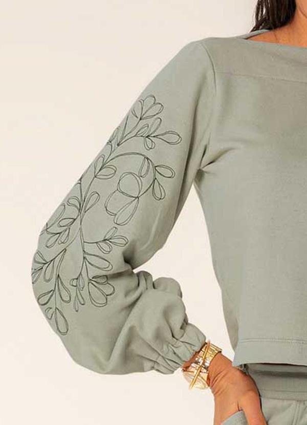 Cativa - Conjunto Feminino Moletom e Linho Bordado Verde 2