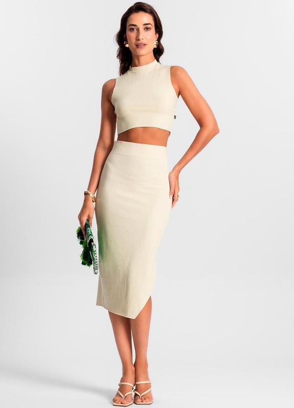 Rovitex - Conjunto Feminino Saia Midi e Cropped Ko Bege