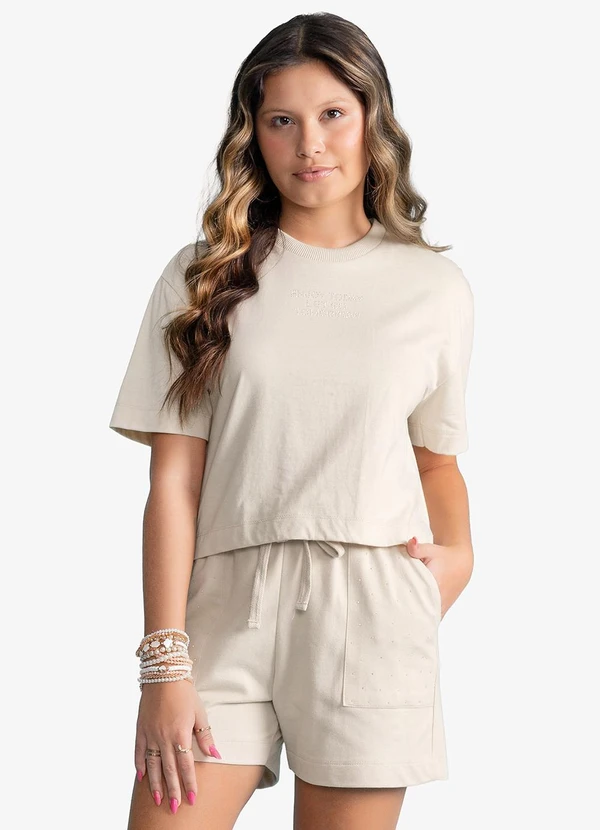 Minty - Conjunto Feminino T-Shirt Box com Shorts Bege