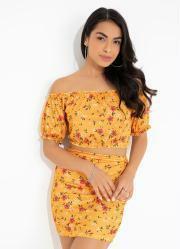 Conjunto Floral Amarelo com Cropped e Saia