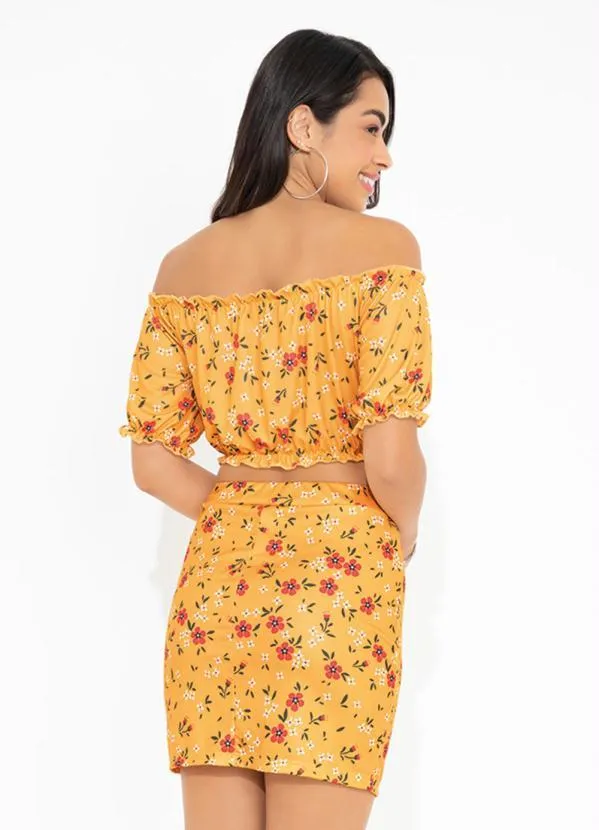 Moda Pop - Conjunto Floral Amarelo com Cropped e Saia 2