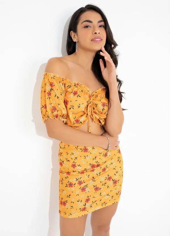 Moda Pop - Conjunto Floral Amarelo com Cropped e Saia 3