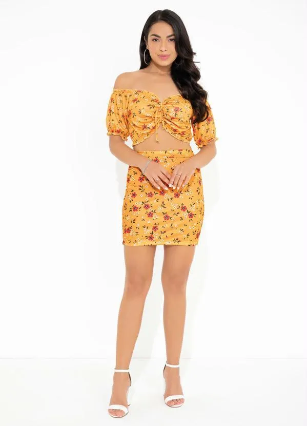Moda Pop - Conjunto Floral Amarelo com Cropped e Saia 4