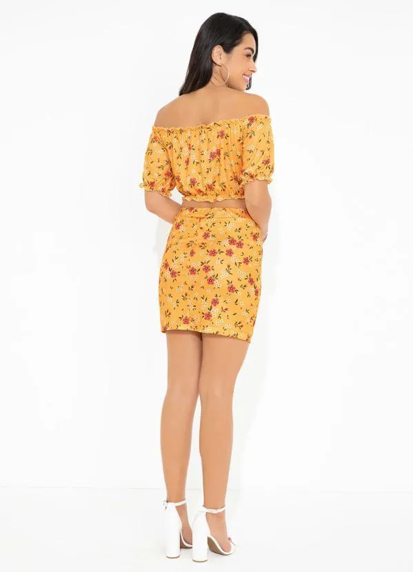 Moda Pop - Conjunto Floral Amarelo com Cropped e Saia 5