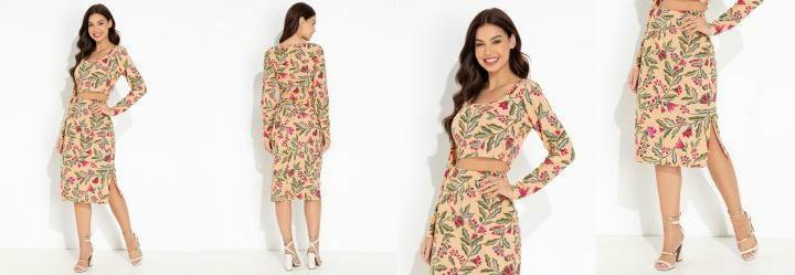 Conjunto Floral Bege com Cropped e Saia Midi