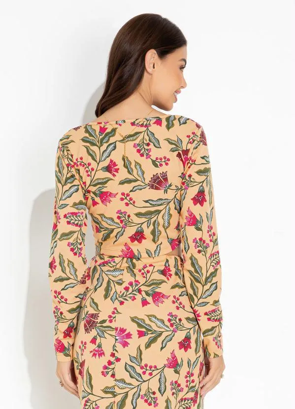 Moda Pop - Conjunto Floral Bege com Cropped e Saia Midi 5