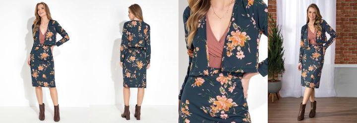 Conjunto Floral Marinho Cardigan e Saia