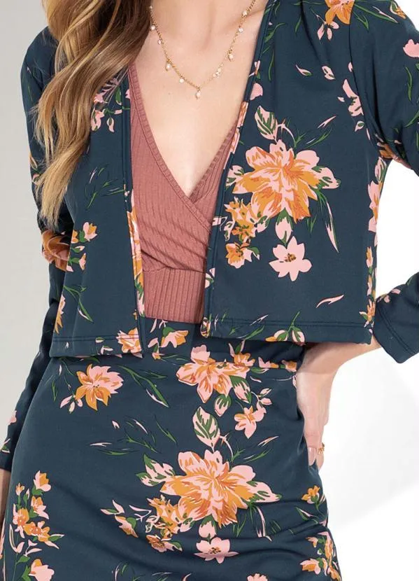 Moda Pop - Conjunto Floral Marinho Cardigan e Saia 3