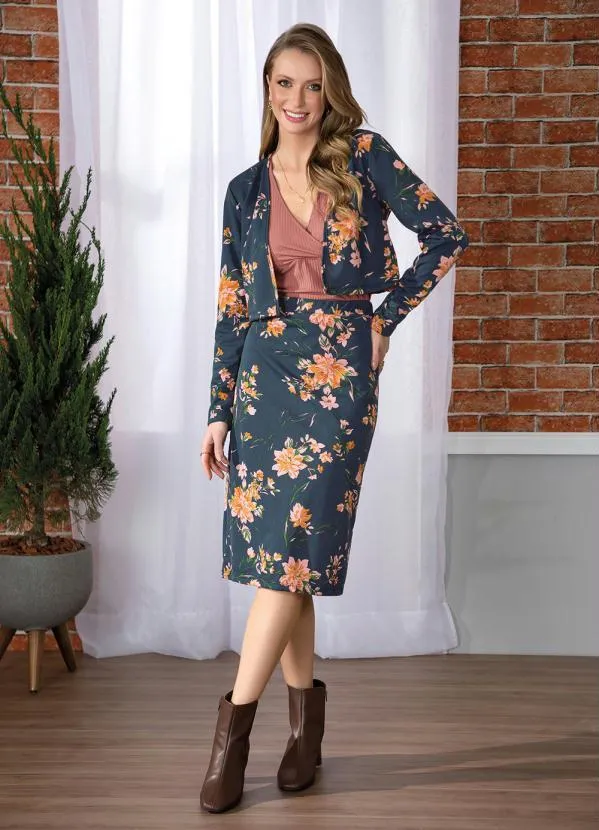 Moda Pop - Conjunto Floral Marinho Cardigan e Saia 4