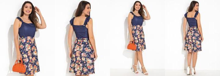 Conjunto Floral Marinho em Jersey Acetinado