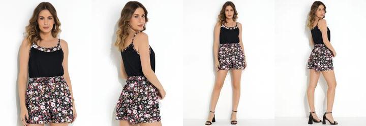Conjunto Floral Preto em Malha