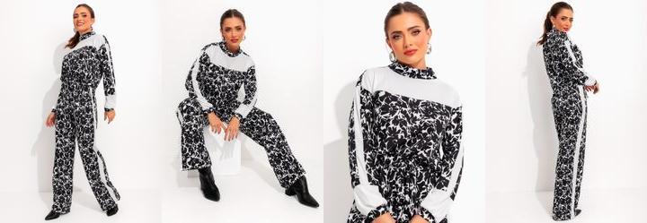 Conjunto Floral Preto em Malha