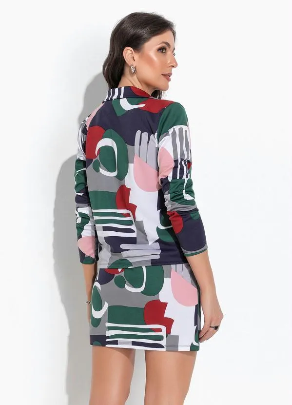 Moda Pop - Conjunto Geométrico Cinza com Blazer e Saia 2