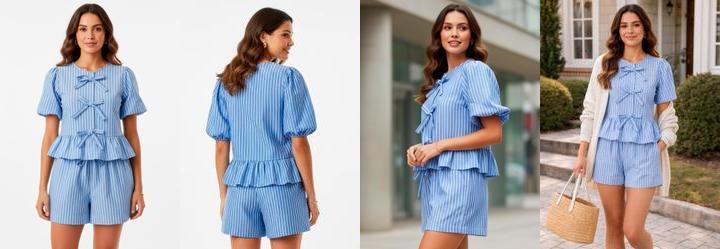 Conjunto Listrado Azul Poli�ster com Viscose