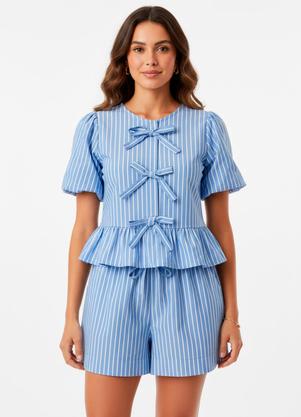 Conjunto Listrado Azul Poli�ster com Viscose