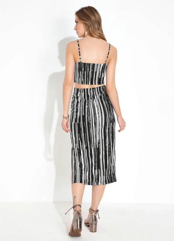 Moda Pop - Conjunto Listras Preta com Saia e Cropped 2