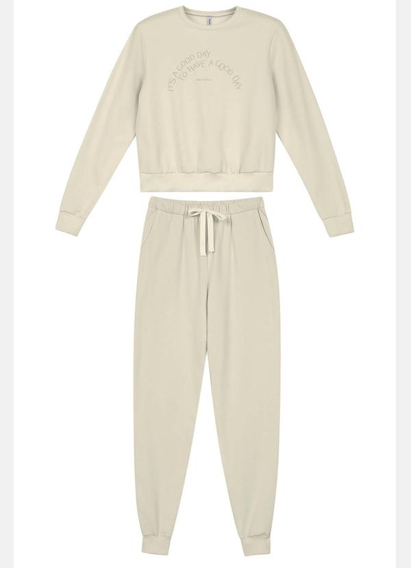 Marialícia - Conjunto Longo Feminino Moletom com Frase Bege