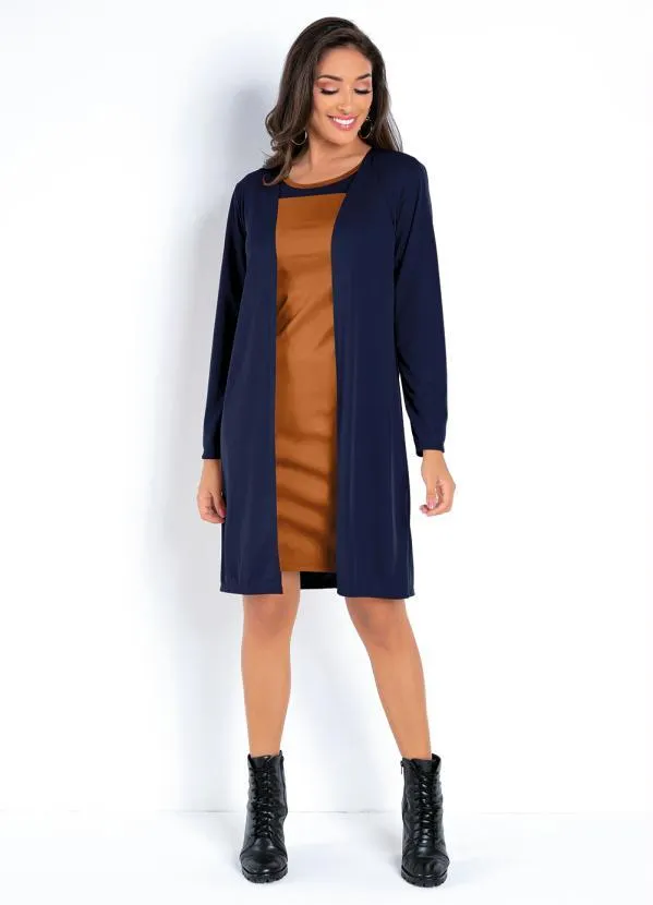 Moda Pop - Conjunto Marinho e Carame com Vestido e Cardigan 4