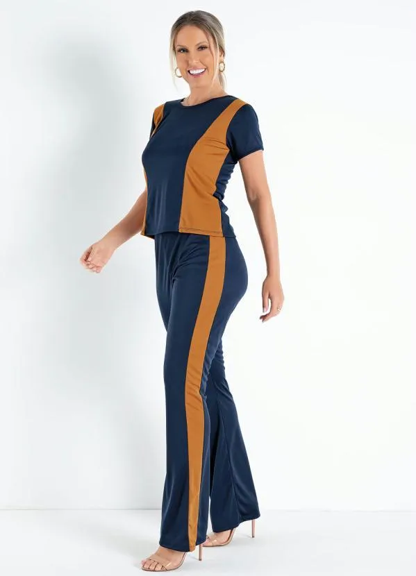 Moda Pop - Conjunto Marinho e Caramelo com Blusa e Calça
