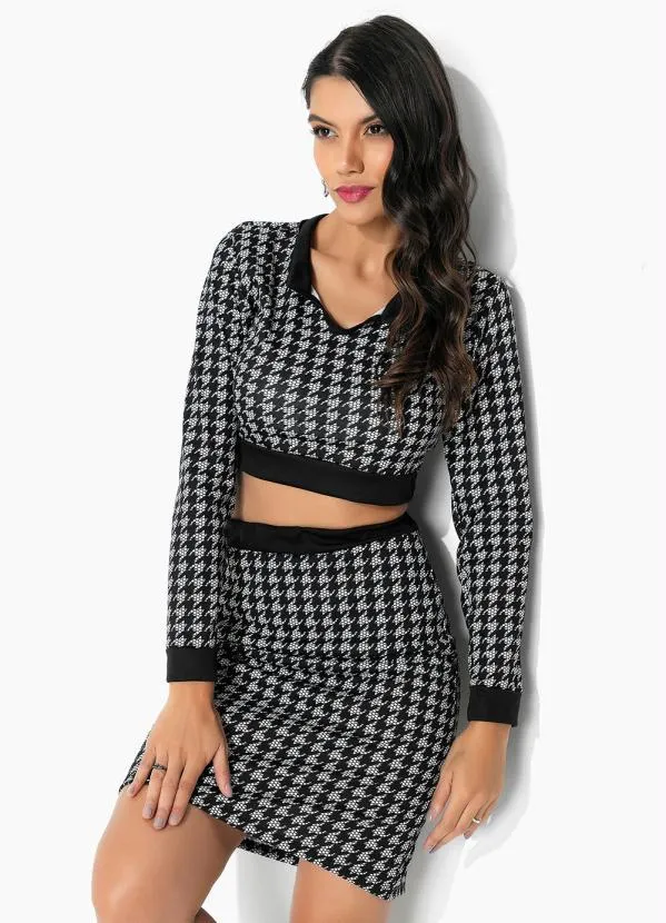 Conjunto Pied de Poule com Cropped e Saia Moda Pop