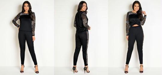 Conjunto Preta e On�a com Blusa e Cal�a