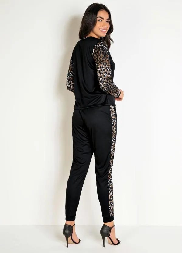 Conjunto Preta e Onça com Blusa e Calça Moda Pop