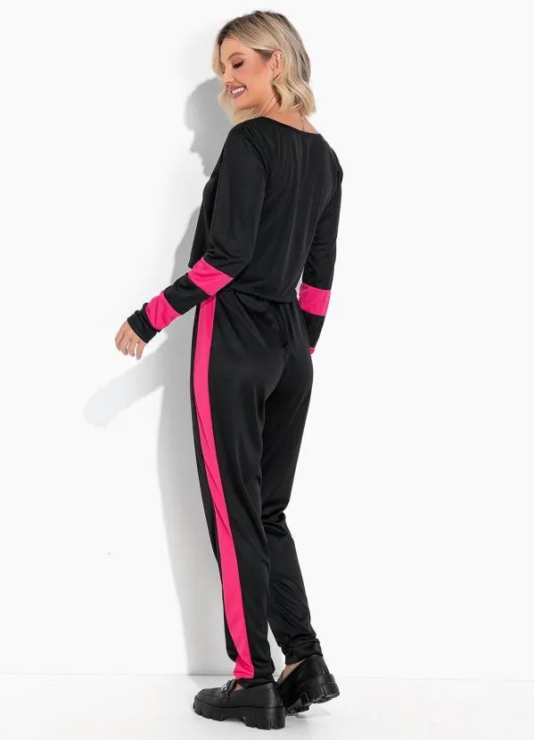 Moda Pop - Conjunto Preta e Pink com Cropped e Calça 2