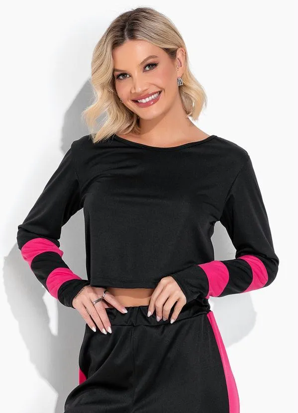 Moda Pop - Conjunto Preta e Pink com Cropped e Calça 3