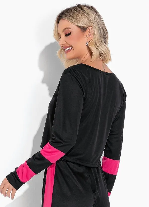 Moda Pop - Conjunto Preta e Pink com Cropped e Calça 4