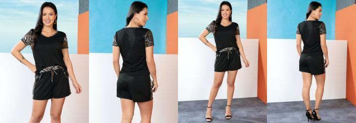 Conjunto Preto e Ona com Recortes Estampados