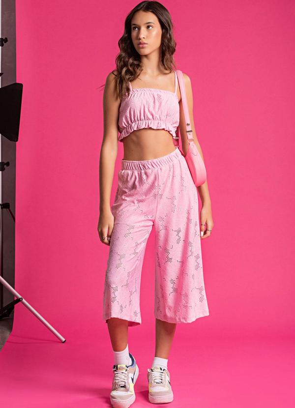 Choyee - Conjunto Top com Babados e Calça Pantcourt Rosa