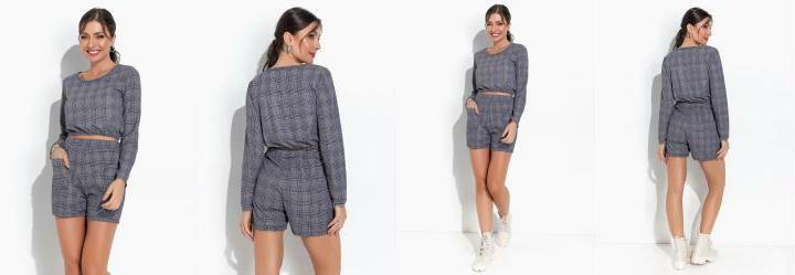 Conjunto Xadrez Marinho Cropped e Shorts