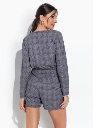 Moda Pop - Conjunto Xadrez Marinho Cropped e Shorts - MODA POP