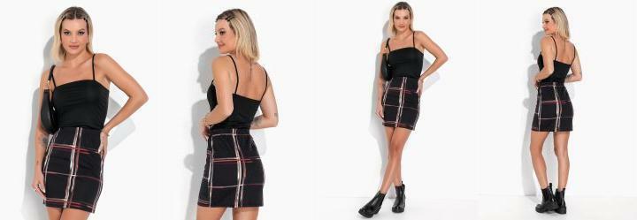 Conjunto Xadrez Preto com Saia e Cropped