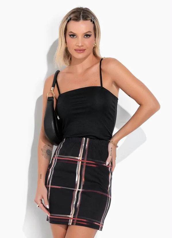 Moda Pop - Conjunto Xadrez Preto com Saia e Cropped