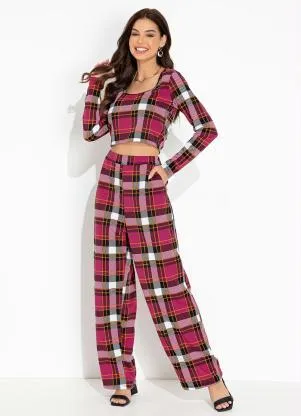 Moda Pop - Conjunto Xadrez Rosa com Cropped e Calça - MODA POP