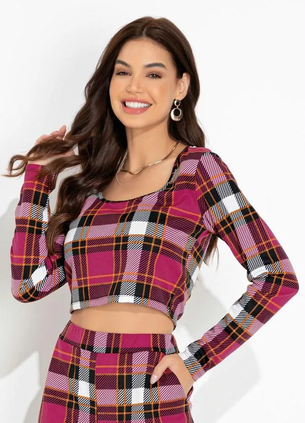 Moda Pop - Conjunto Xadrez Rosa com Cropped e Calça 3