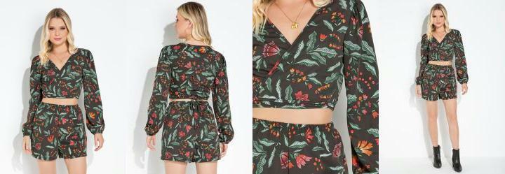 Conjuto Floral Preto com Short e Casaquinho