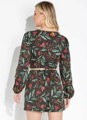 Moda Pop - Conjuto Floral Preto com Short e Casaquinho - MODA POP