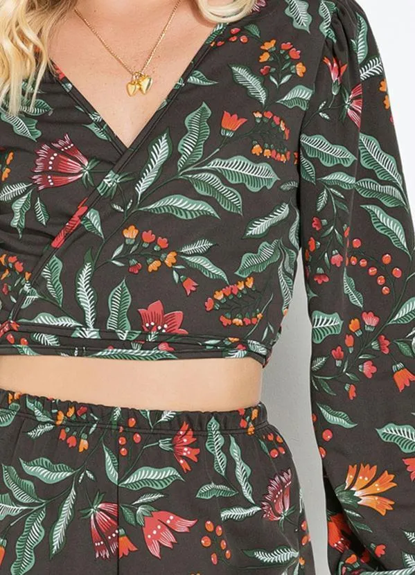 Moda Pop - Conjuto Floral Preto com Short e Casaquinho 3