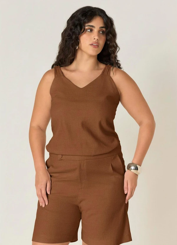 Elegance - Regata com Tiras Ombros e Bermuda Marrom Choco