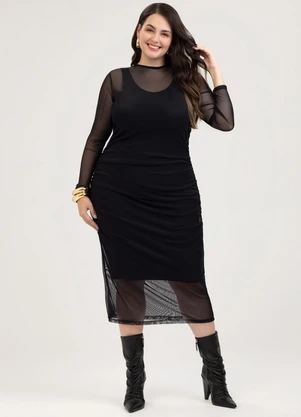Cativa - Vestido Midi Plus Size em Tule  Preto - CATIVA