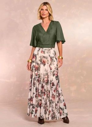Doce Trama - Blusa Aquarela Rose em Viscose Verde - DOCE TRAMA