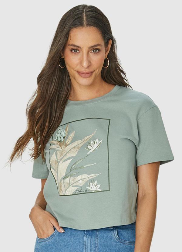 Malwee - Blusa Azul Pastel Cropped Folhagens