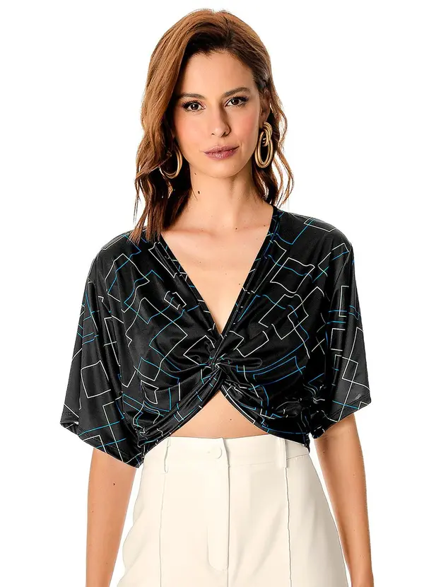 Rovitex - Blusa com Transpassado em Forma de Nó Preto