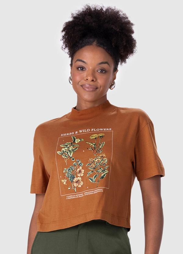 Malwee - Blusa Cropped Box Flores Marrom